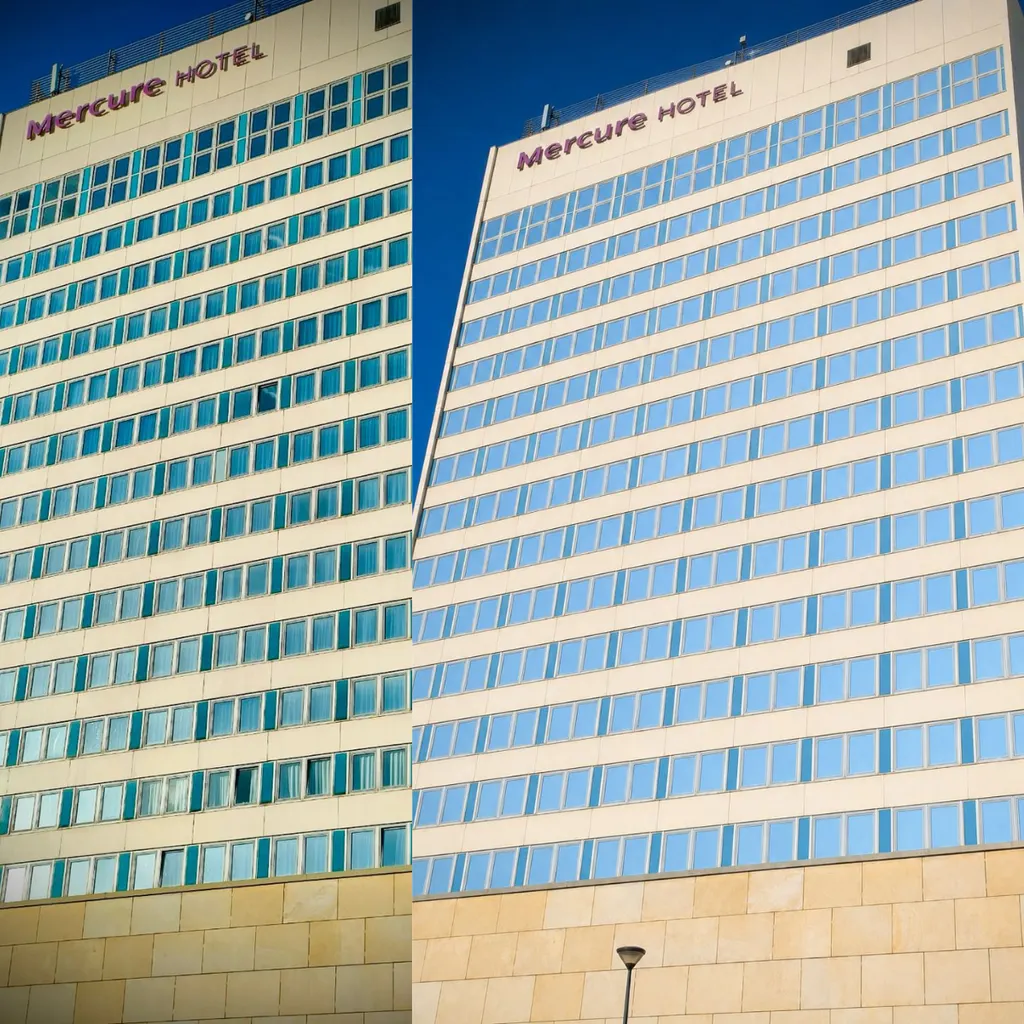 Mercure Hotel Glasfassade mit Sonnenschutzfolie – vorher/nachher