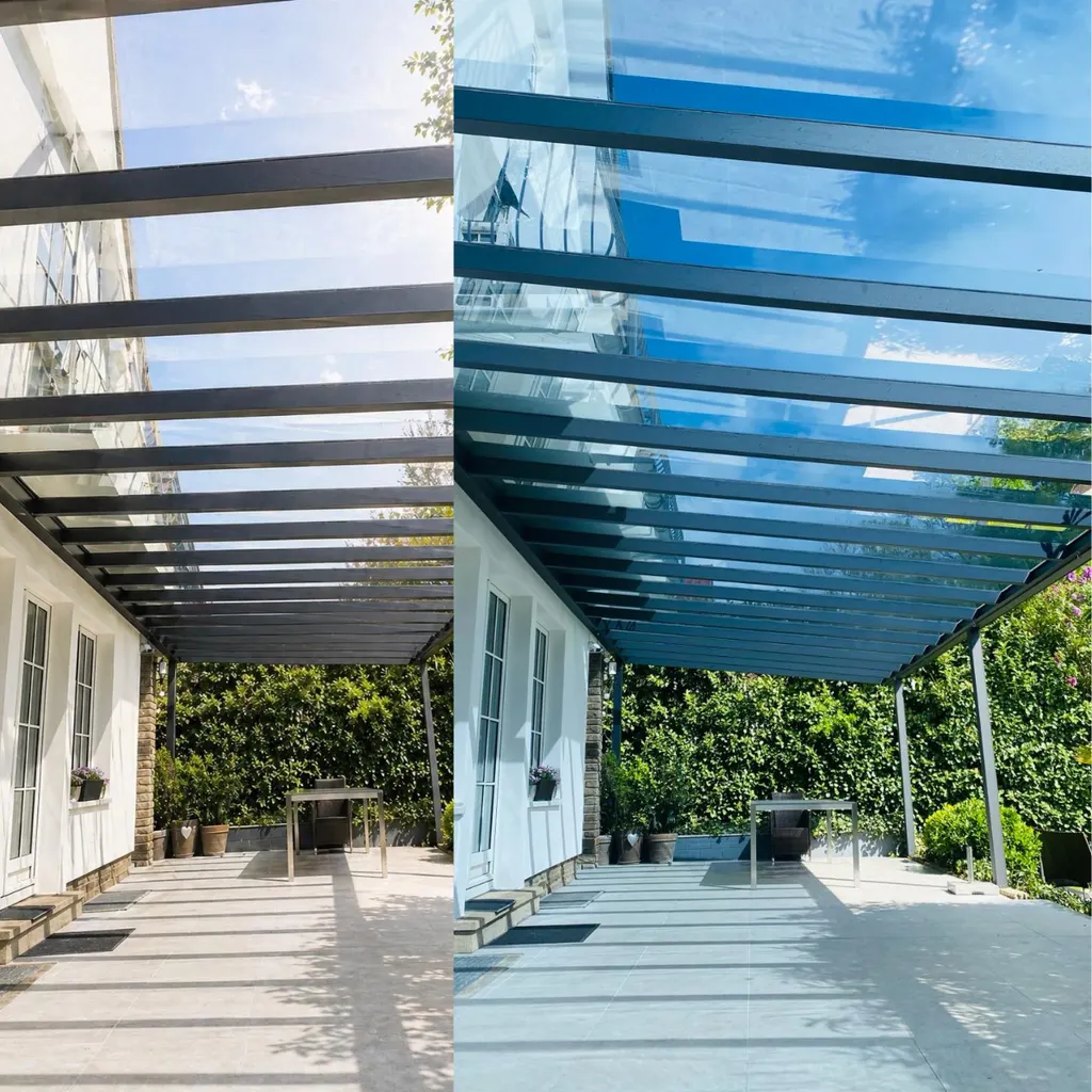 Glasdach Pergola mit Sonnenschutzfolie – vorher/nachher